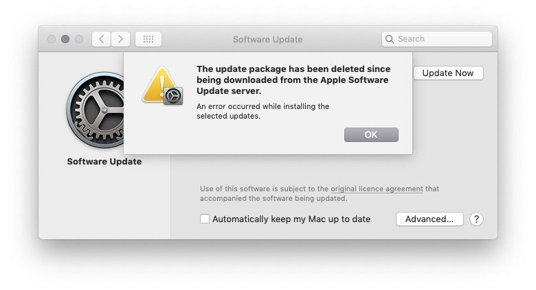 Update package has been removed since it was downloaded from the Apple software update server