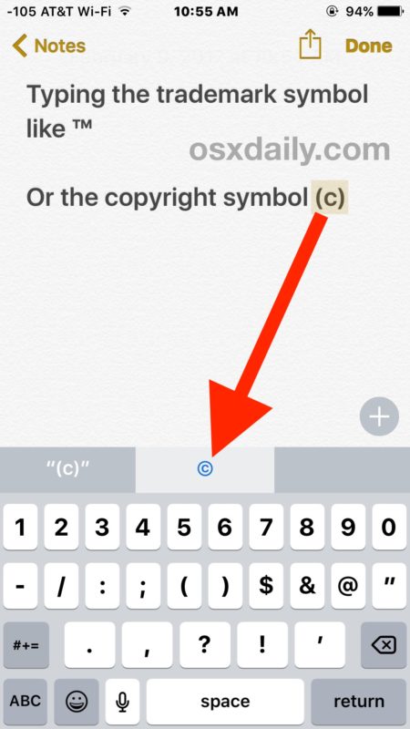 Type the trademark or copyright symbol on the iPhone