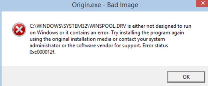 'Bad Image error 0xc000012f'