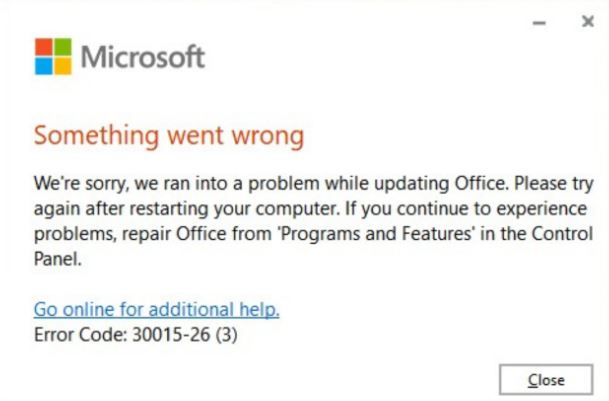 Fix: 'Microsoft Office Update Error Code 30015-26' issue