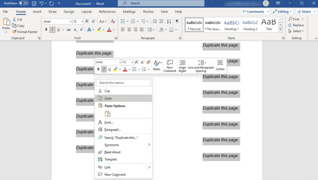 How to duplicate a Page in Word