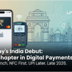 Apple Pay on an iPhone beside a contactless payment terminal in India