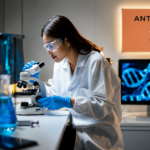 Researcher working in a biology laboratory with Anthropic branding