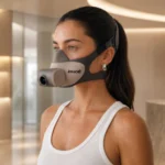 PNOE 2.0 metabolic breath testing mask worn by a woman