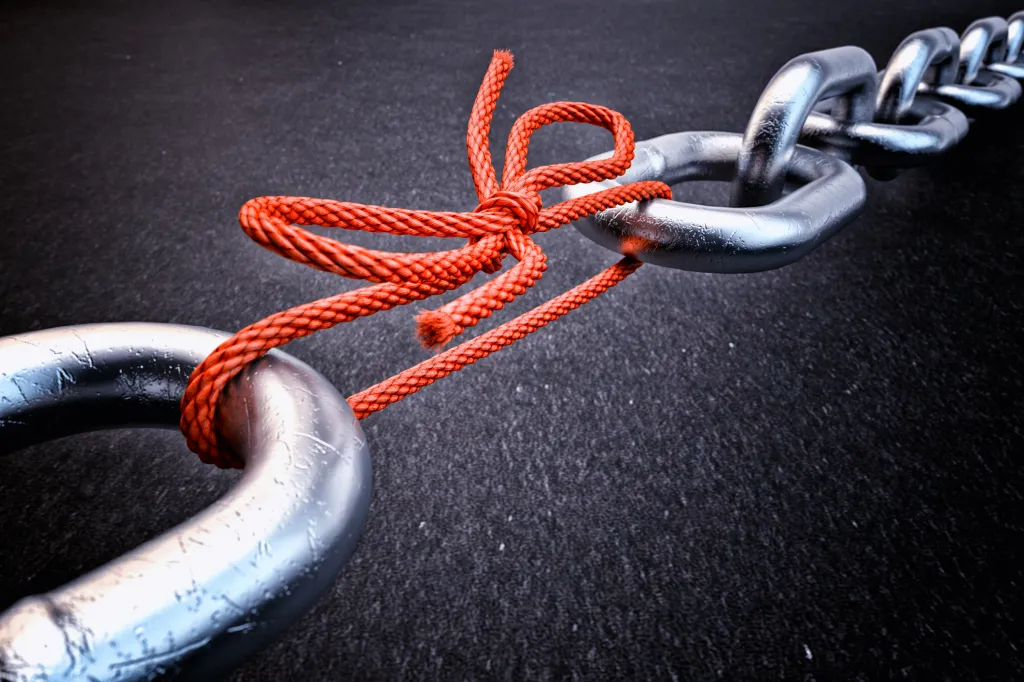 A red cord ties together metal chain links, showing fragile infrastructure