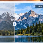 Illustration showing a natural-looking AI photo edit with a before and after landscape