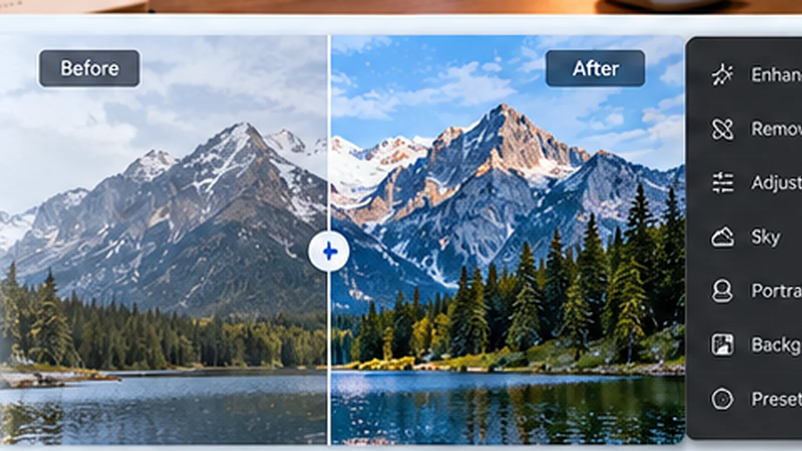 Illustration showing a natural-looking AI photo edit with a before and after landscape