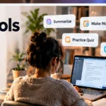 Illustration of study notes, practice questions and an audio learning tool