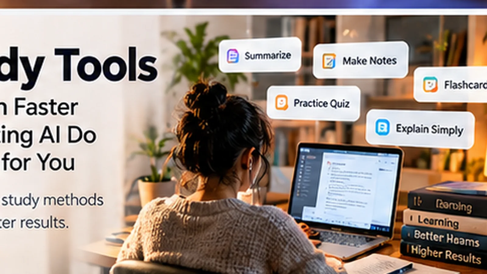 Illustration of study notes, practice questions and an audio learning tool