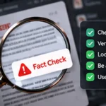 Illustration reminding readers to pause, check sources and independently verify AI claims