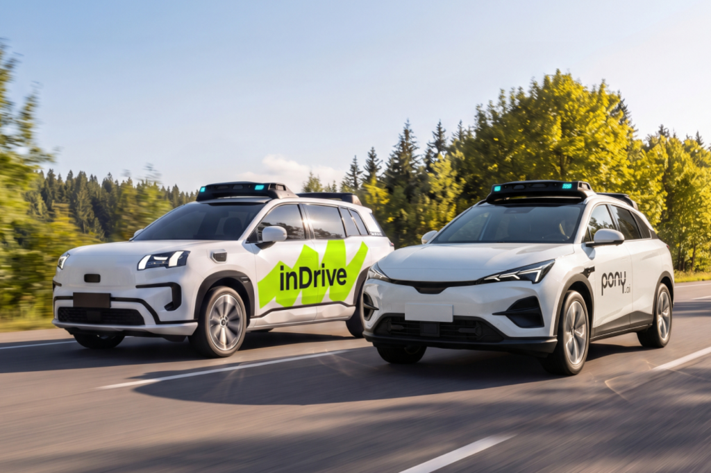 inDrive and Pony.ai branded vehicles on a road